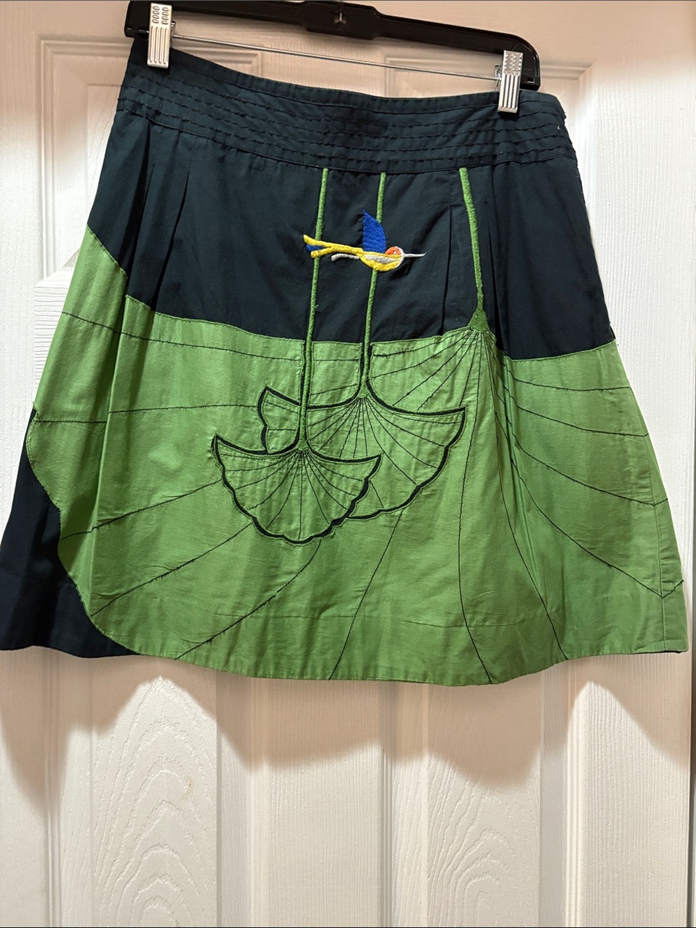 Black and Green A-Line Skirt with Embroidered Bird Detail